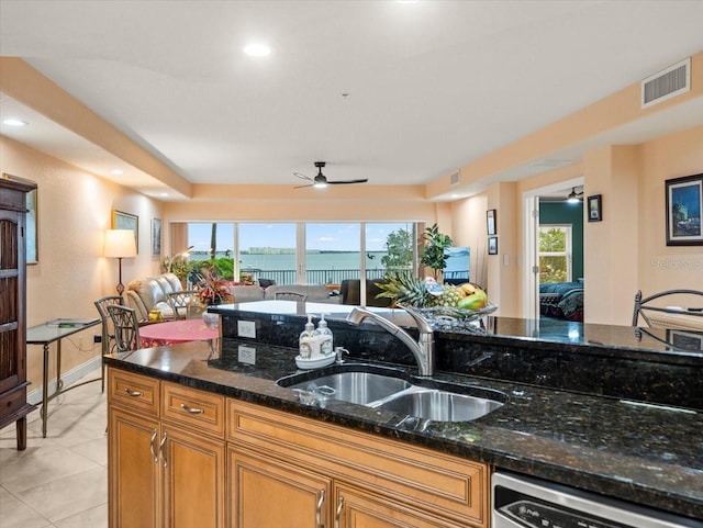 kitchen featuring sink, dark stone counters, a water view, and dishwashing machine