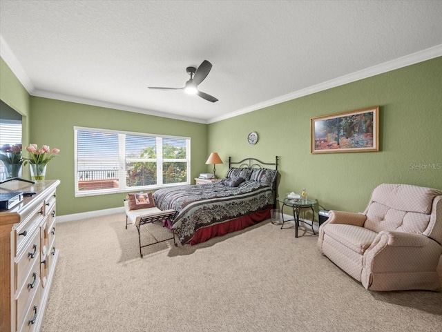 carpeted bedroom featuring multiple windows, ceiling fan, and crown molding