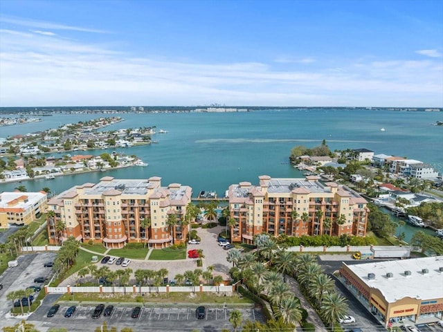 drone / aerial view with a water view