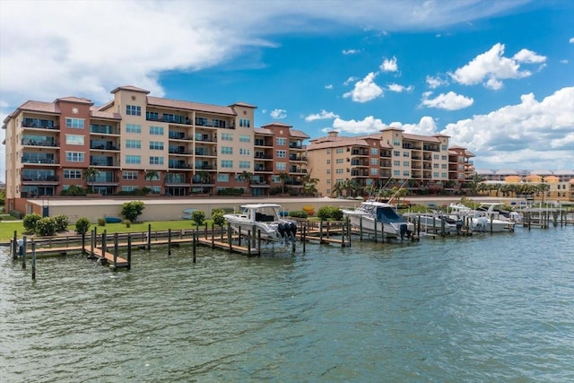 property view of water featuring a boat dock