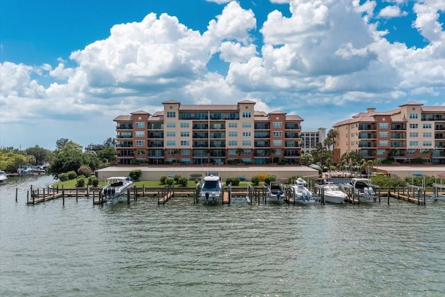 view of water feature with a dock