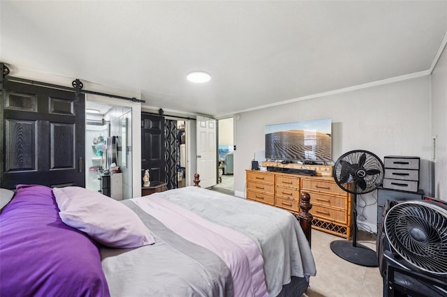 bedroom with tile patterned flooring, crown molding, and a barn door