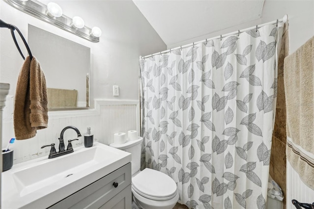 bathroom featuring toilet, vanity, and a shower with curtain