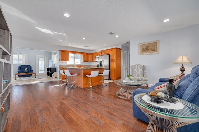 living room featuring a textured ceiling, wood-type flooring, and sink