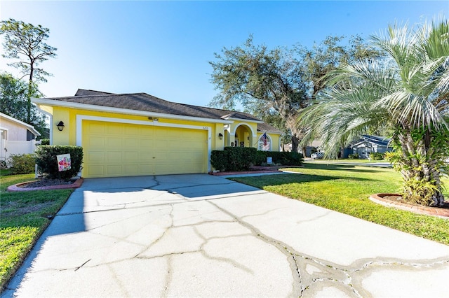 view of front facade with a front yard and a garage