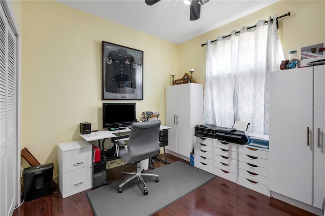 office featuring ceiling fan and dark wood-type flooring