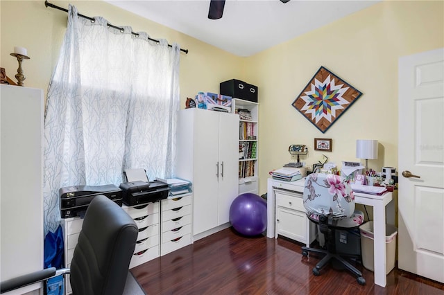 home office featuring ceiling fan and dark hardwood / wood-style floors