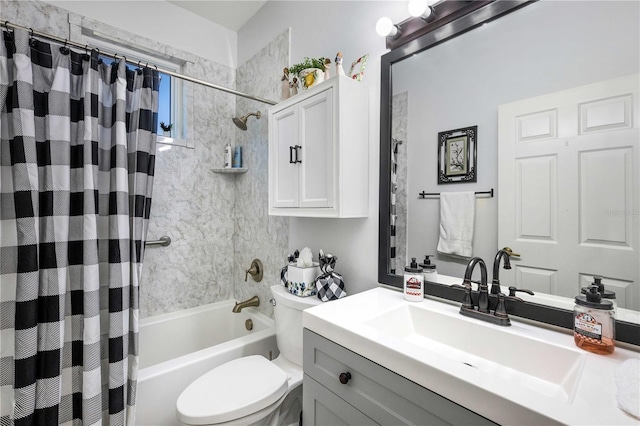 full bathroom with shower / bath combo, vanity, and toilet