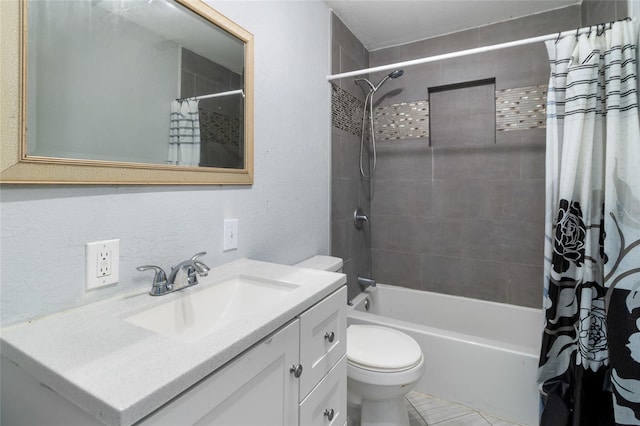 full bathroom with shower / bath combo, vanity, and toilet