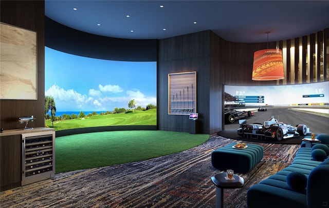 recreation room with wine cooler, golf simulator, and wooden walls