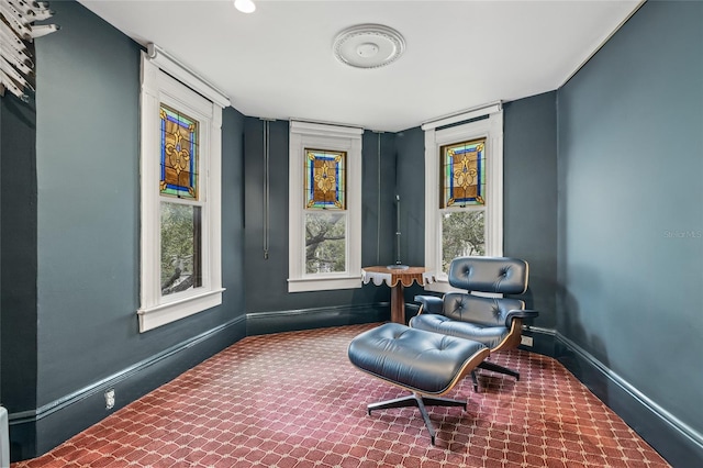 sitting room featuring carpet flooring and plenty of natural light