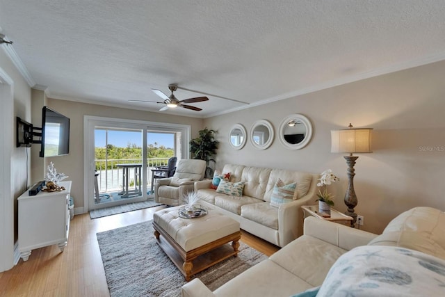 18325 Gulf Blvd Unit 407, Redington Shores, FL 33708 - living room featuring a textured ceiling, ornamental molding, a ceiling fan, light wood-type flooring, and baseboards