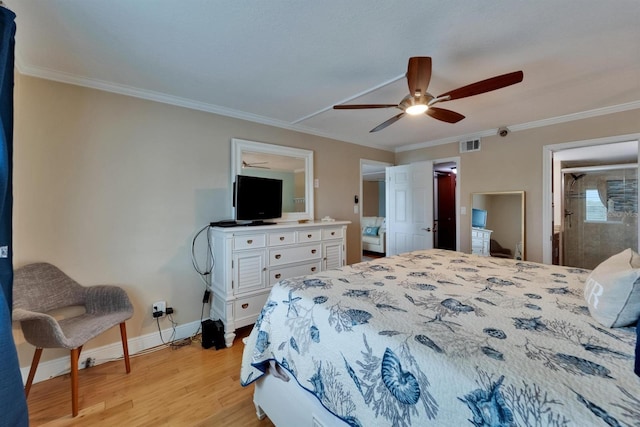 18325 Gulf Blvd Unit 407, Redington Shores, FL 33708 - bedroom with light wood-style floors, crown molding, baseboards, and ceiling fan