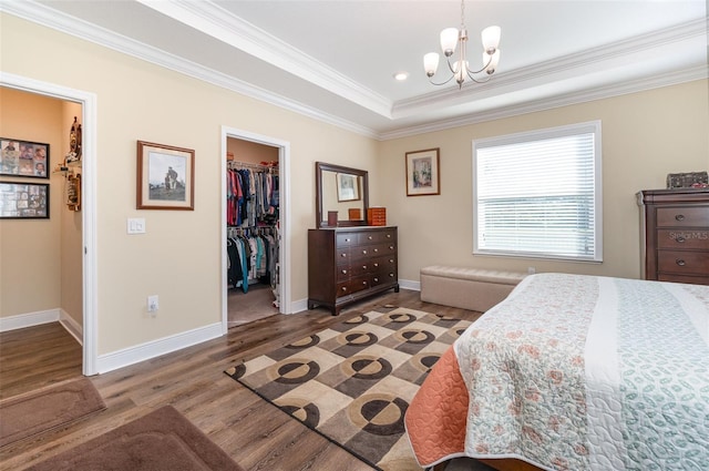 bedroom with a raised ceiling, hardwood / wood-style flooring, a spacious closet, ornamental molding, and a closet