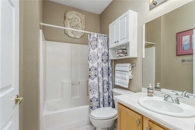 full bathroom with toilet, shower / bath combination with curtain, and vanity