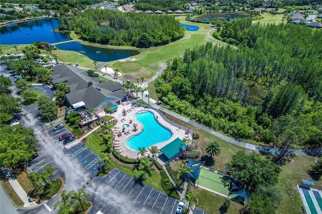 birds eye view of property featuring a water view