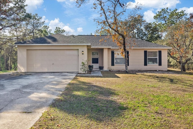 ranch-style home featuring a front yard and a garage