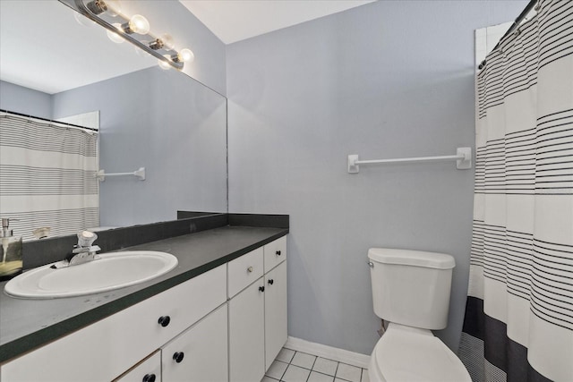 bathroom featuring tile patterned floors, a shower with curtain, vanity, and toilet