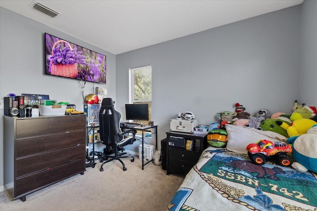 bedroom featuring light carpet