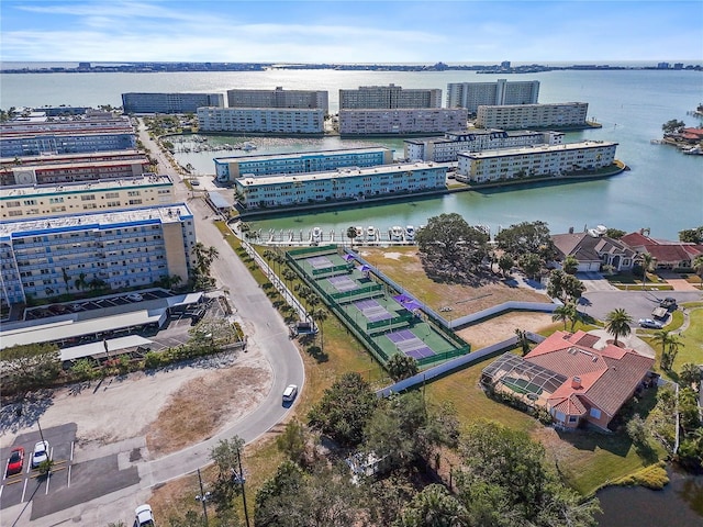 bird's eye view featuring a view of city and a water view