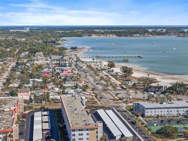 bird's eye view featuring a beach view and a water view