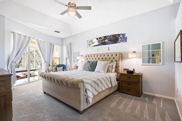 bedroom with carpet, access to outside, ceiling fan, and lofted ceiling