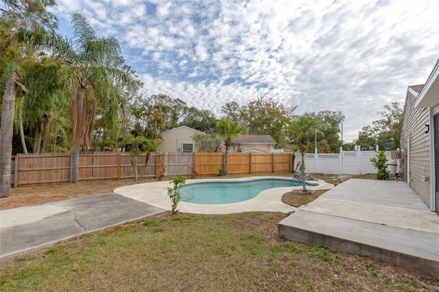 view of swimming pool with a lawn and a patio