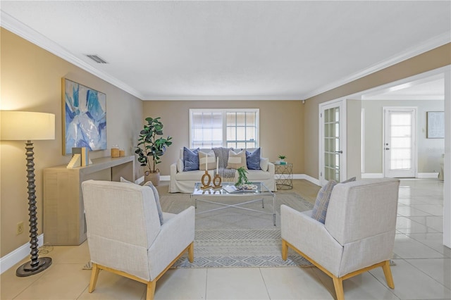 living room with light tile patterned floors and ornamental molding