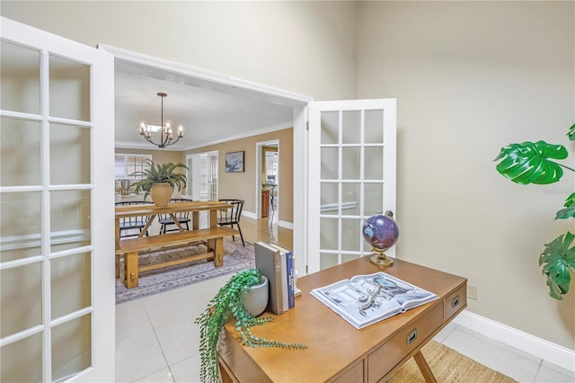 home office with light tile patterned floors, an inviting chandelier, and crown molding