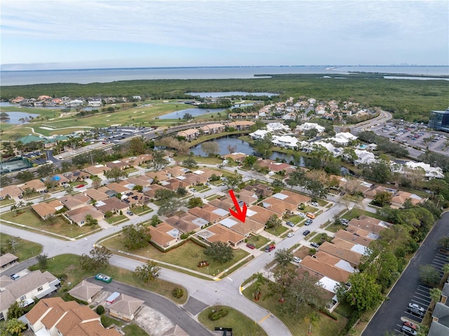 drone / aerial view featuring a water view