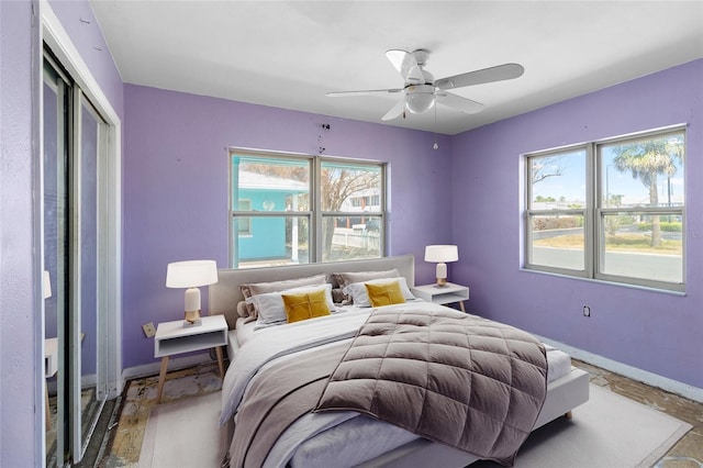 bedroom featuring baseboards, a closet, and ceiling fan