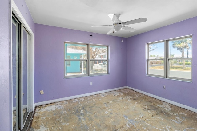 unfurnished bedroom featuring baseboards, a closet, and ceiling fan