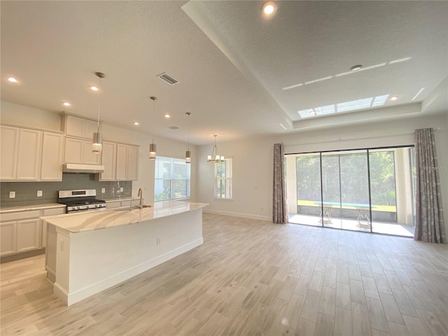 kitchen with white cabinetry, stainless steel range, sink, tasteful backsplash, and a kitchen island with sink