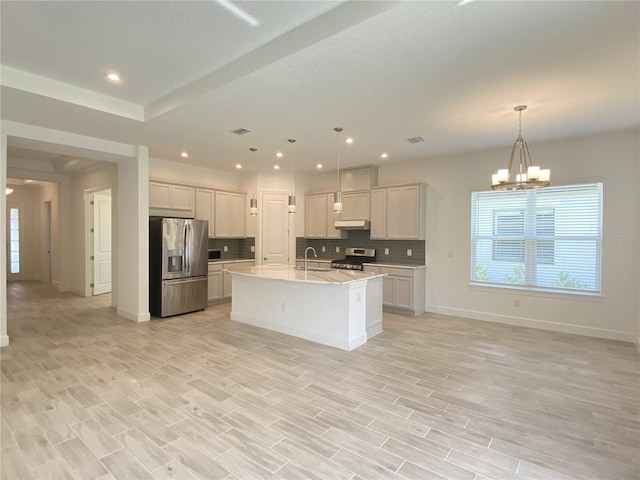 kitchen featuring a kitchen island with sink, sink, appliances with stainless steel finishes, tasteful backsplash, and decorative light fixtures