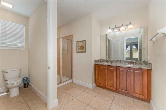 bathroom featuring tile patterned flooring, vanity, toilet, and a shower with door