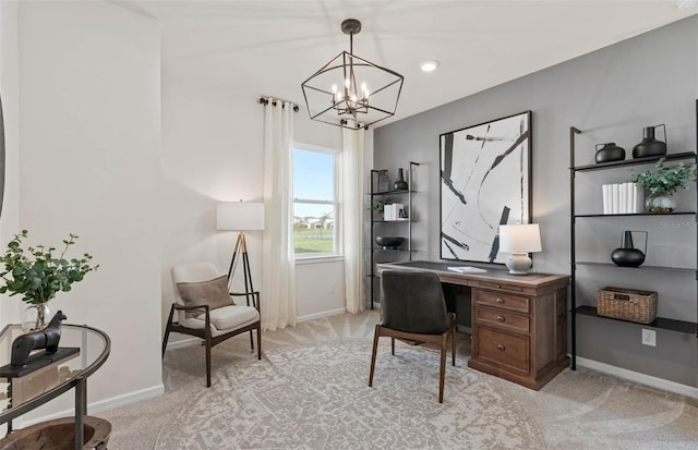 office area with a chandelier and light carpet