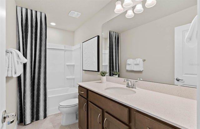 full bathroom with  shower combination, toilet, tile patterned flooring, and vanity