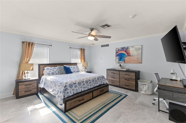 bedroom featuring ceiling fan and crown molding