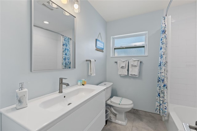 full bathroom with shower / tub combo, tile patterned flooring, vanity, and toilet