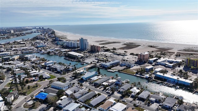 bird's eye view with a water view and a view of the beach