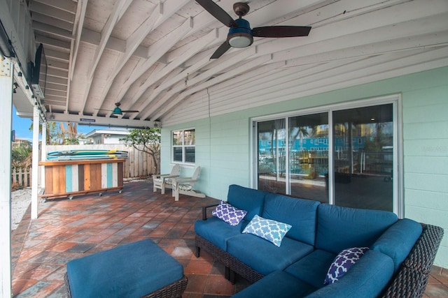 view of patio featuring an outdoor living space and ceiling fan