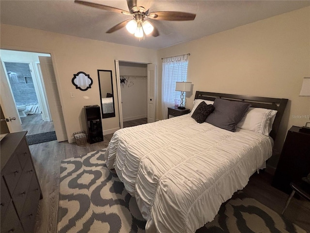 bedroom featuring a closet, ceiling fan, and dark hardwood / wood-style flooring