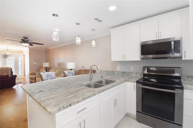 kitchen featuring stainless steel appliances, white cabinetry, sink, and kitchen peninsula