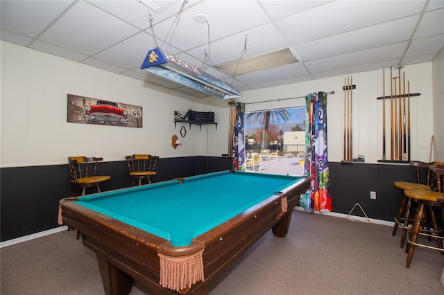 recreation room featuring pool table, carpet floors, and a drop ceiling