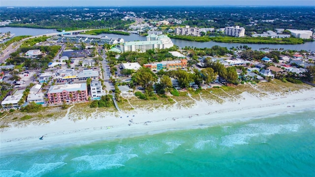 bird's eye view with a view of the beach and a water view