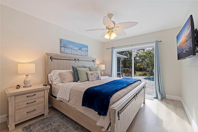 bedroom featuring access to outside, ceiling fan, and light wood-type flooring