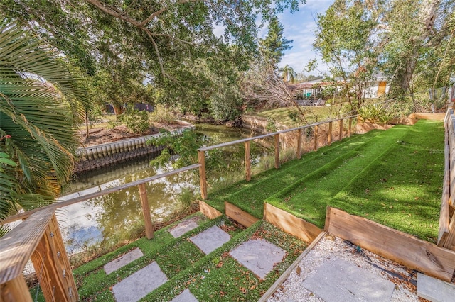 view of yard with a water view