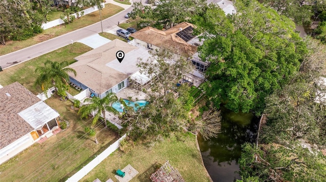 drone / aerial view featuring a water view