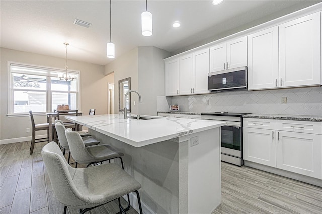 kitchen featuring decorative backsplash, appliances with stainless steel finishes, sink, white cabinetry, and an island with sink