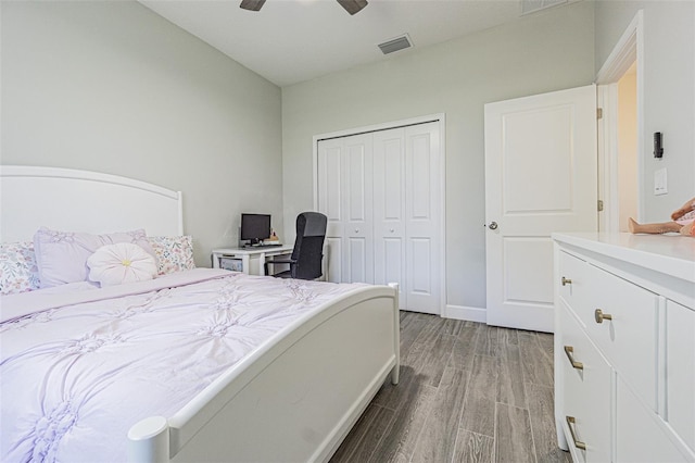 bedroom with a closet, ceiling fan, and hardwood / wood-style flooring